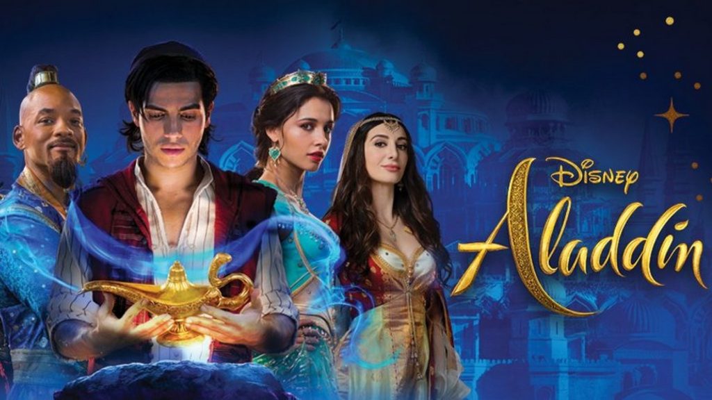 A Banner for Disney's Aladdin. It features actors Mena Massoud (Aladdin), Naomi Scott (Jasmine), Will Smith (Genie), and Nasim Pedrad (Dalia)